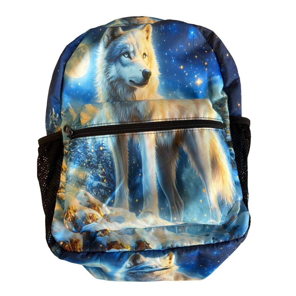 Wolf Galaxy Backpack Blue Fantasy Moon Animal Print School Travel Bag Unisex